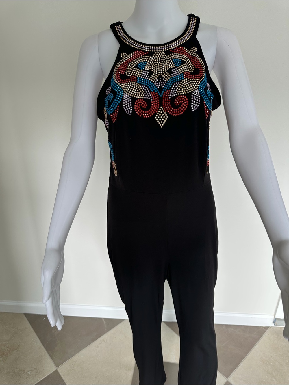 VENUS Black Halter Jumpsuit with Multicolor Rhinestone Motif